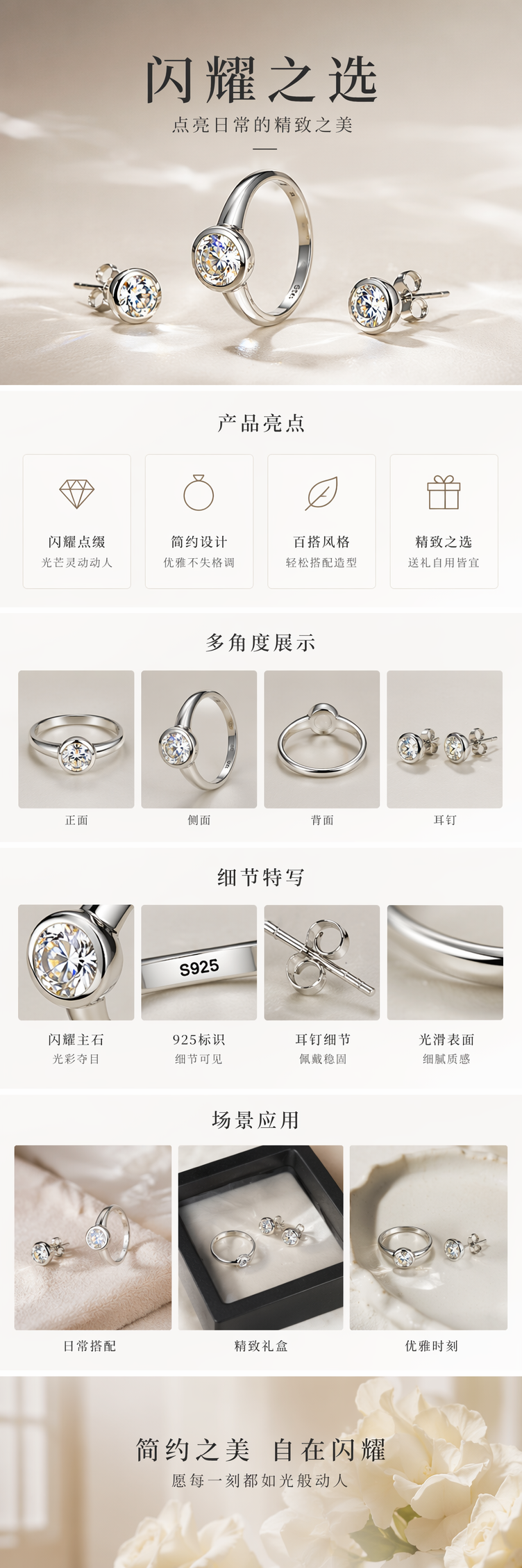 全银戒指和耳钉套装 时尚简约情侣配饰 pic 1
