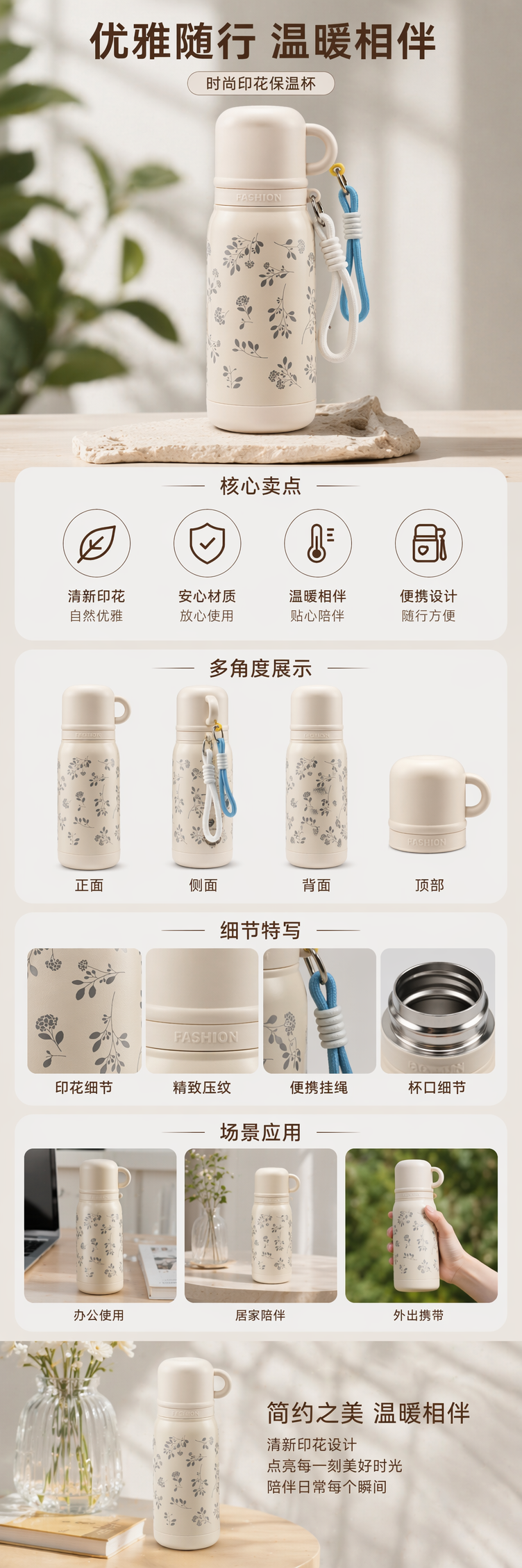 米白色花卉图案保温杯 304不锈钢真空隔热便携水杯 pic 1