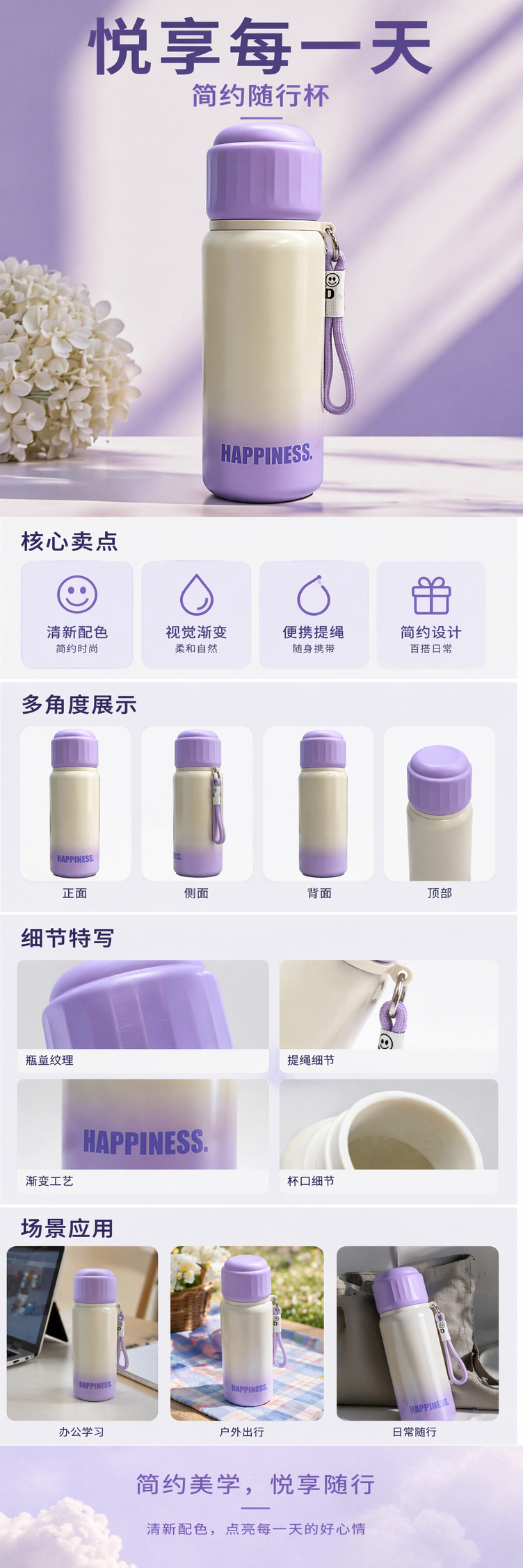 淡紫色渐变玻璃水杯 350ml 防烫隔热办公家用 pic 1