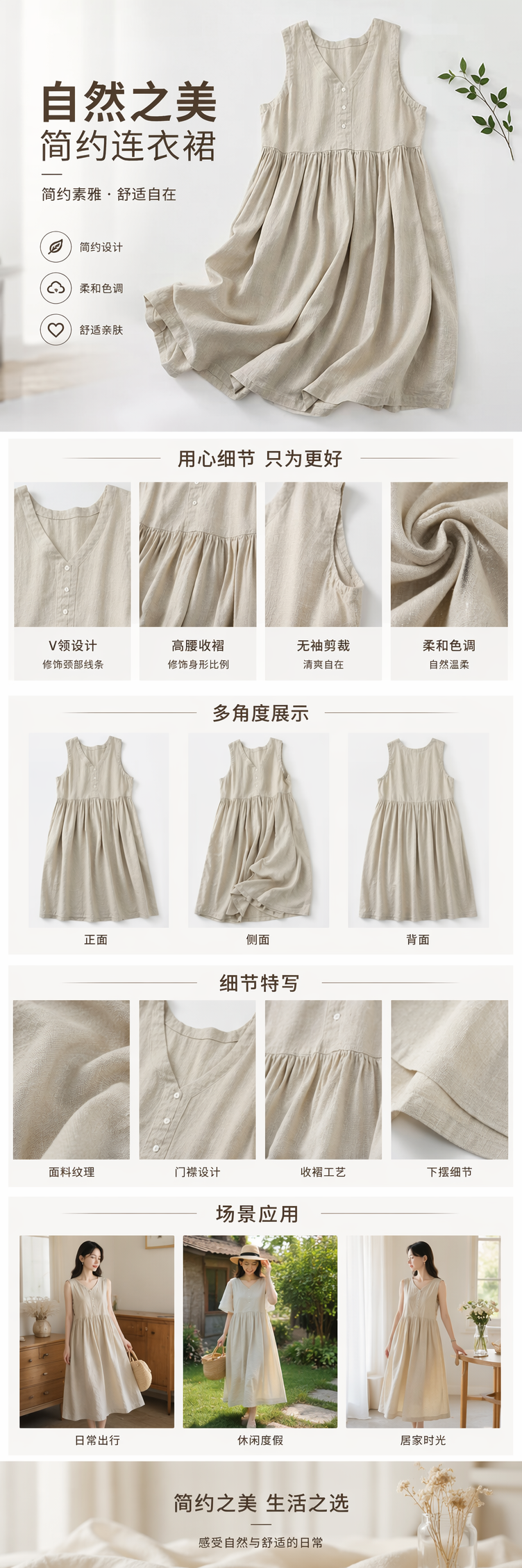 米色无袖连衣裙女夏季修身显瘦气质长裙详情1