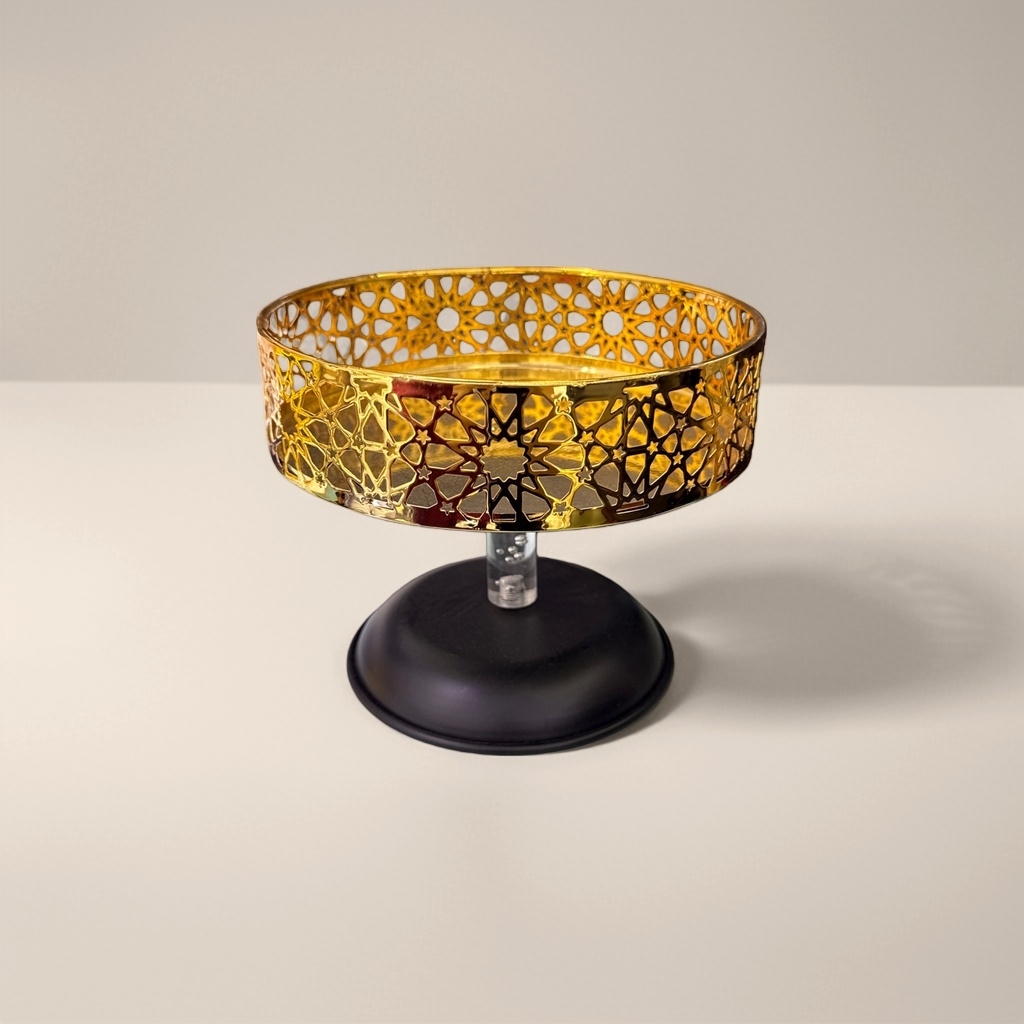 A golden hollowed-out geometric pattern tray for home decoration, a living room coffee table decoration and storage plate Application Scenario