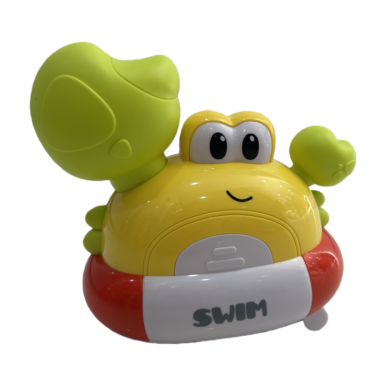 Yellow frog-shaped toy, green arm, red and white decorated SWIM word Item Picture