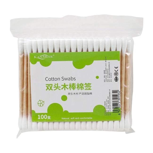 White cotton swabs packaged with green labels, 100 double-ended wooden swabs for household cleaning and makeup Item Picture