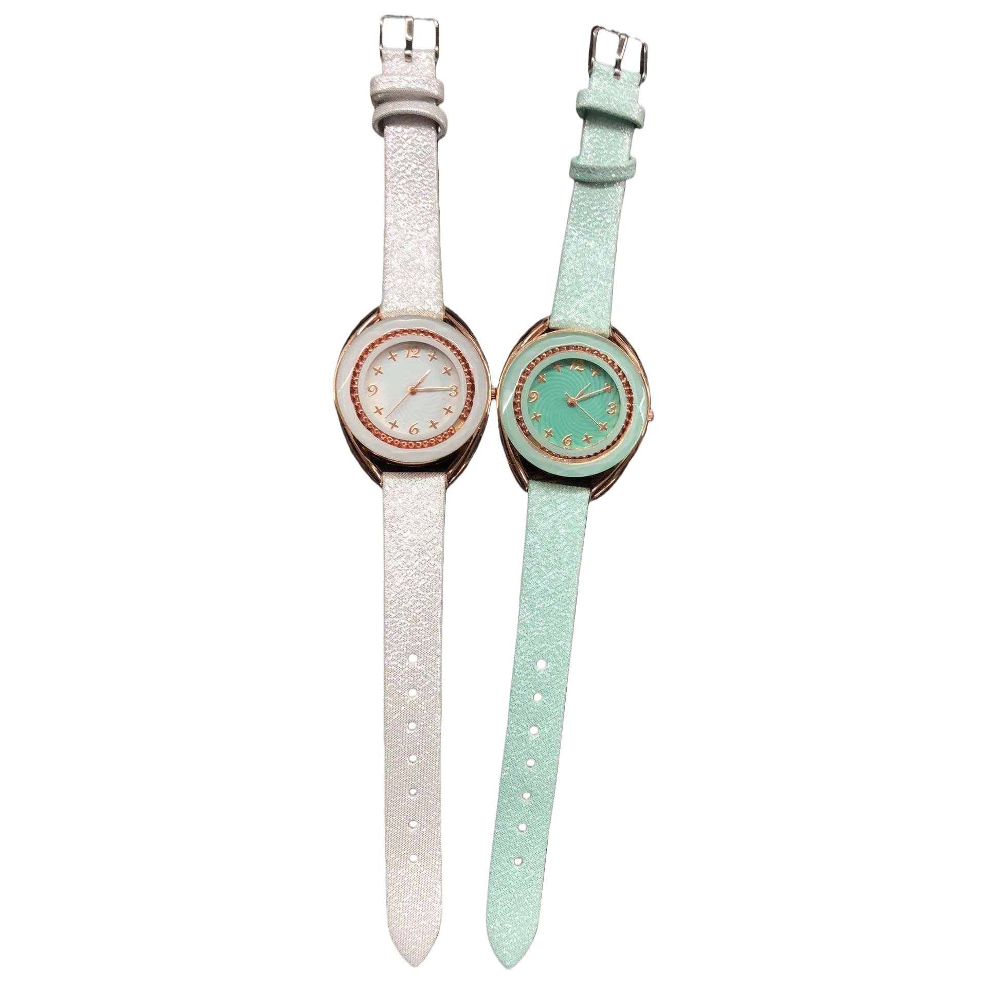 This white and mint green dual-strap quartz watch is fashionable and simple, suitable for both men and women Item Picture