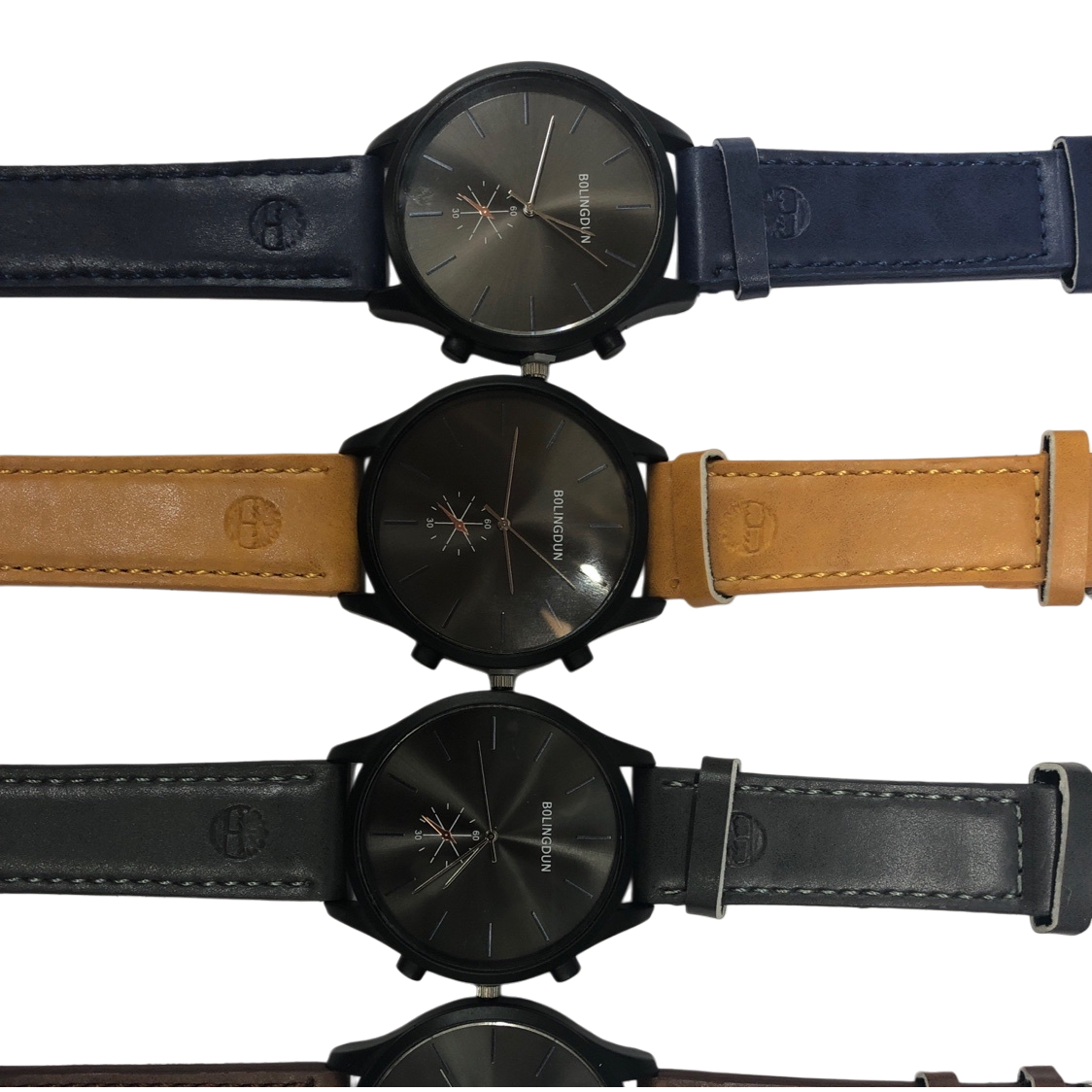 The black dial watch is available with three color straps: dark blue, brown, yellow and dark gray Item Picture