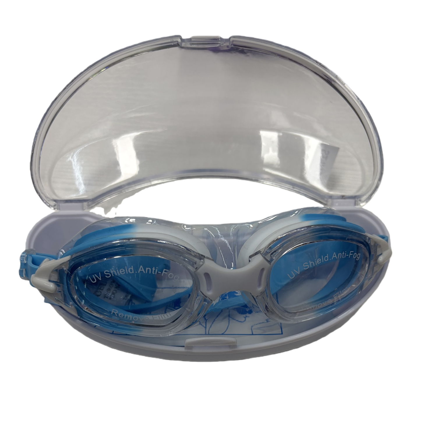 Blue and white swimming goggles with a transparent storage case, anti-fog and waterproof, comfortable and snug swimming glasses Item Picture