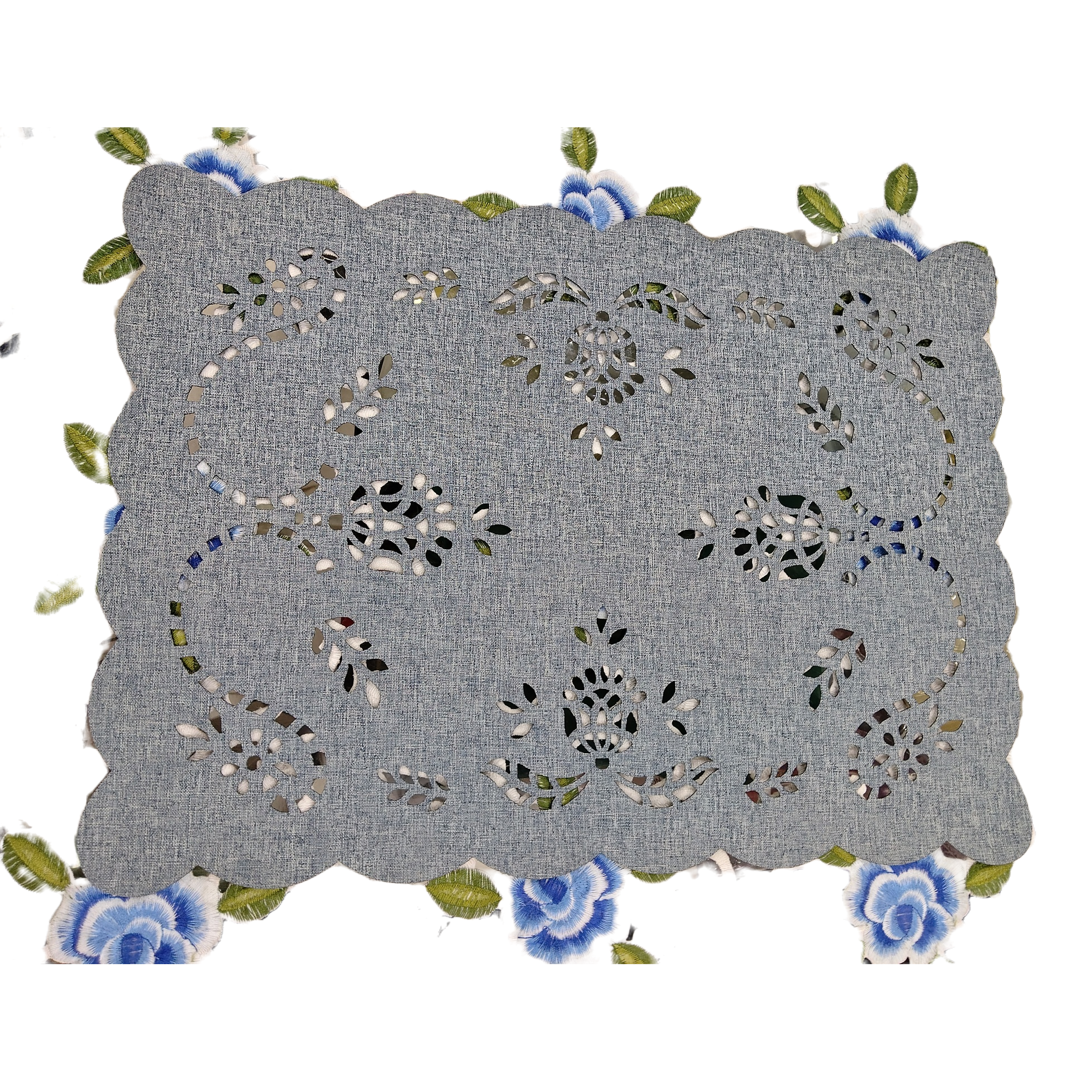 Grey hollowed-out floral patterned table mat for desktop protection Item Picture