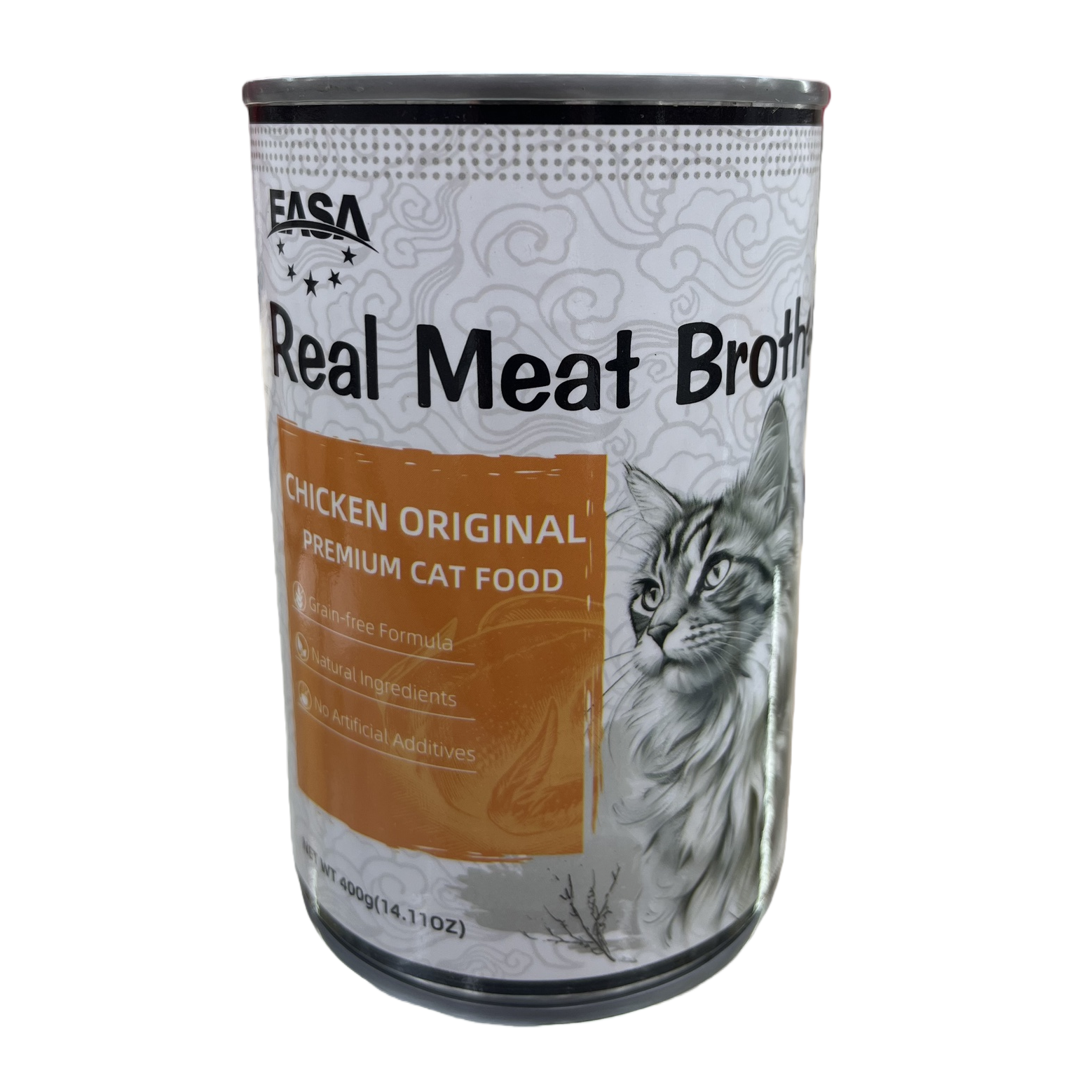White canned cat food Real Meat Broth with cat pattern label contains real meat broth Item Picture