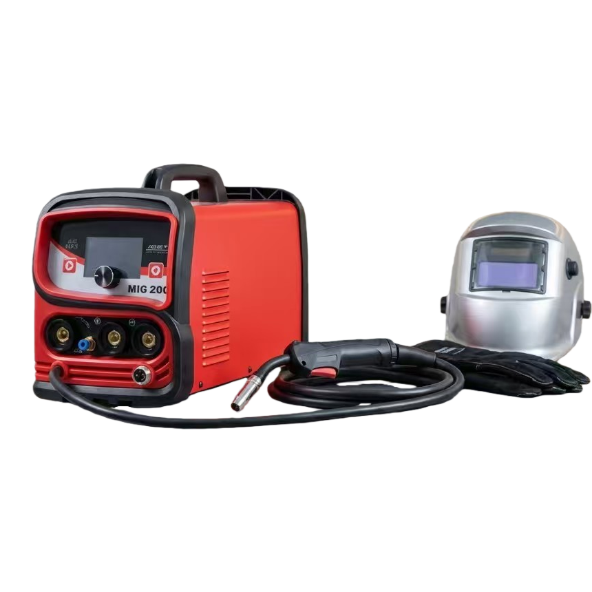 The red MIG200 welding machine is equipped with black welding torch gloves and a silver mask Item Picture