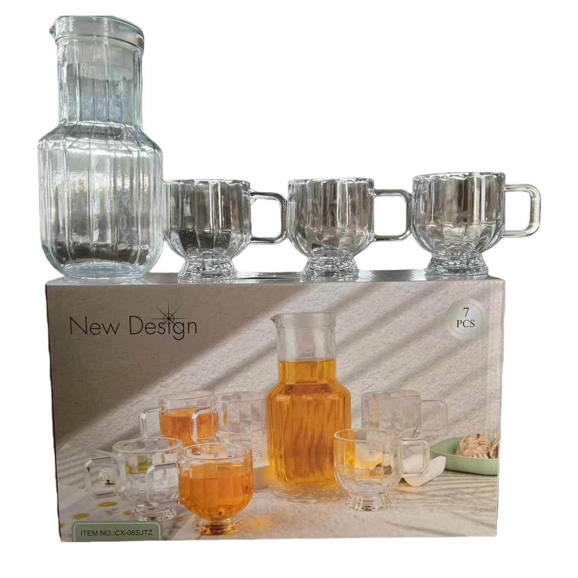 New Design transparent glass water bottle with three glass cups gift box set Item Picture