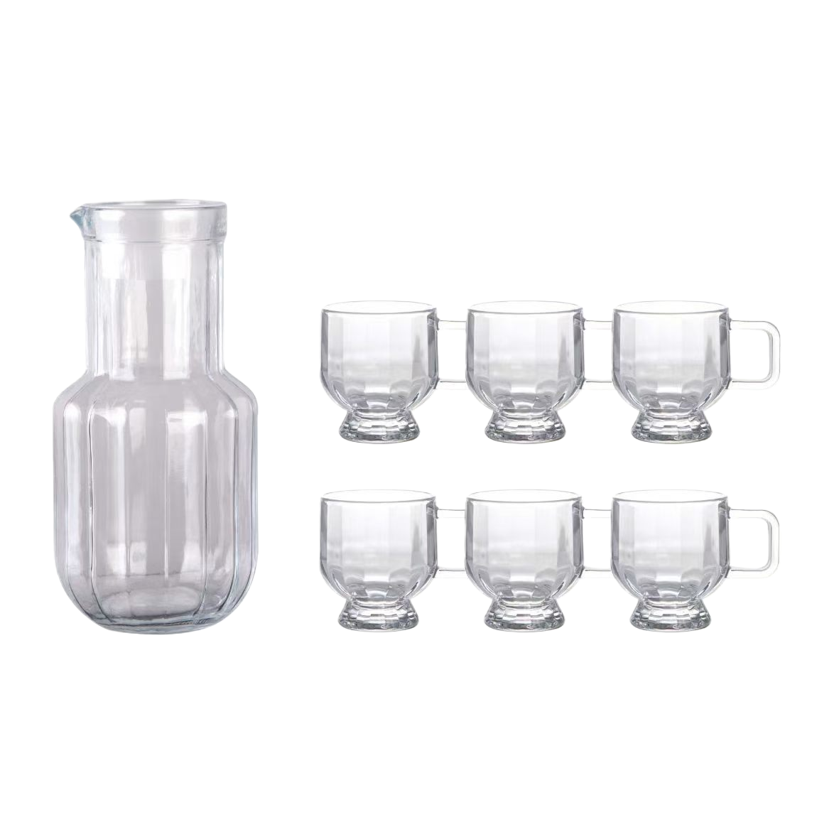 A household heat-resistant tea set with a transparent glass water bottle and six glass cups Item Picture