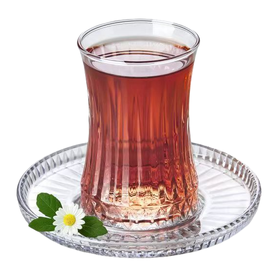 Transparent glass teacup with carved glass tray, black tea, white chrysanthemum and green leaf set Item Picture