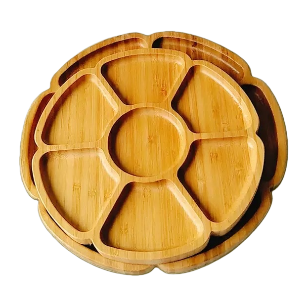 Bamboo petal-shaped compartments plate, household kitchen storage wooden plate, tableware organization plate Item Picture