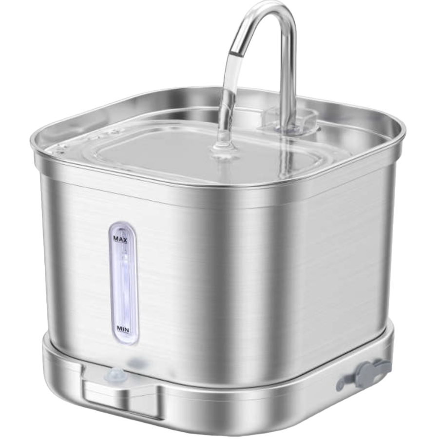 The silver stainless steel automatic water dispenser for pets features silent, energy-saving and circulating filtration Item Picture