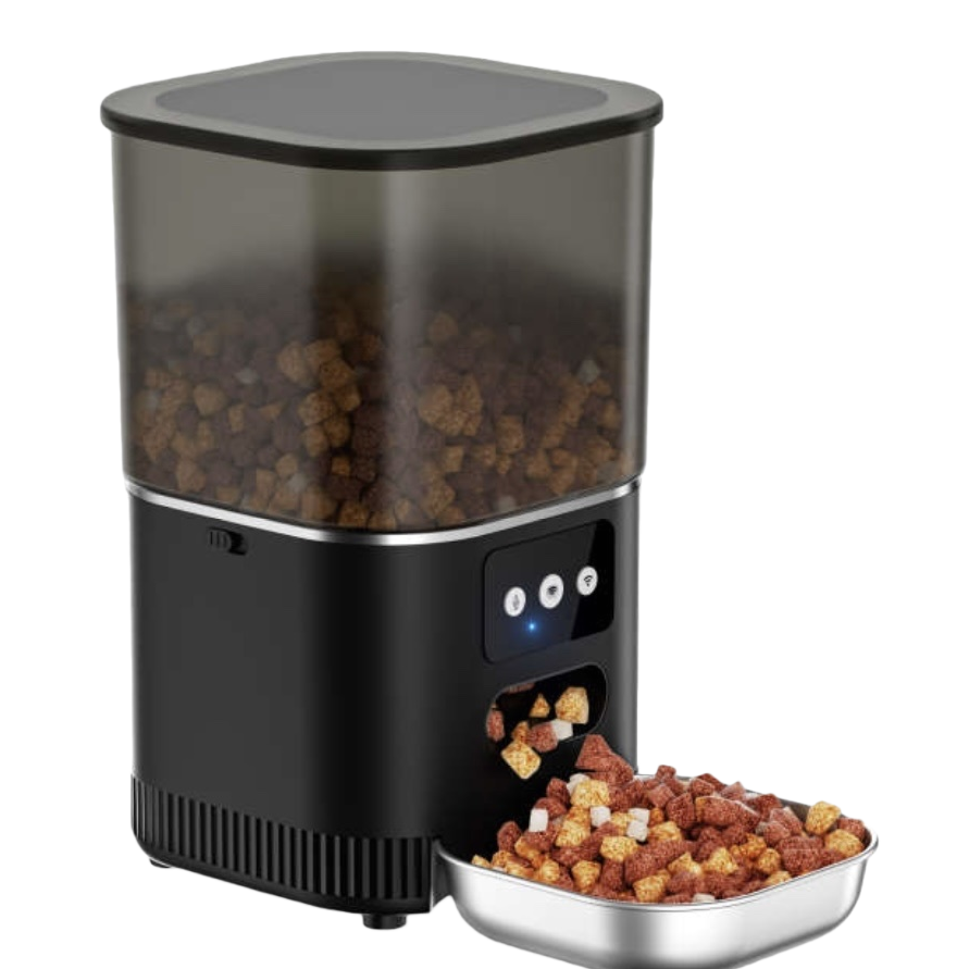 The black smart pet feeder features a transparent food storage bin with a metal food bowl and a three-button blue light design Item Picture