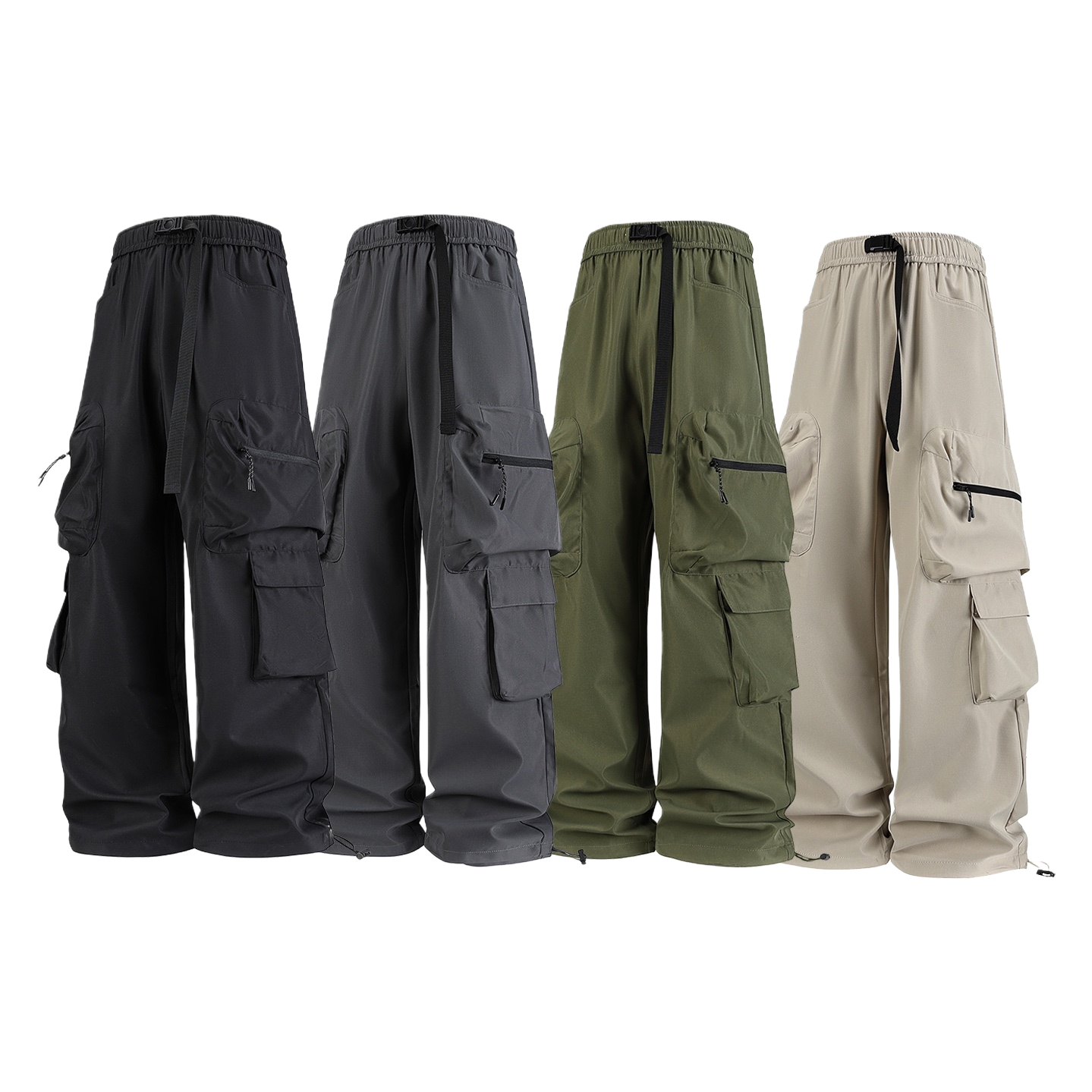 Four types of cargo pants: black, dark grey, dark military green, khaki, wide legs, multiple pockets, drawstring waist Item Picture