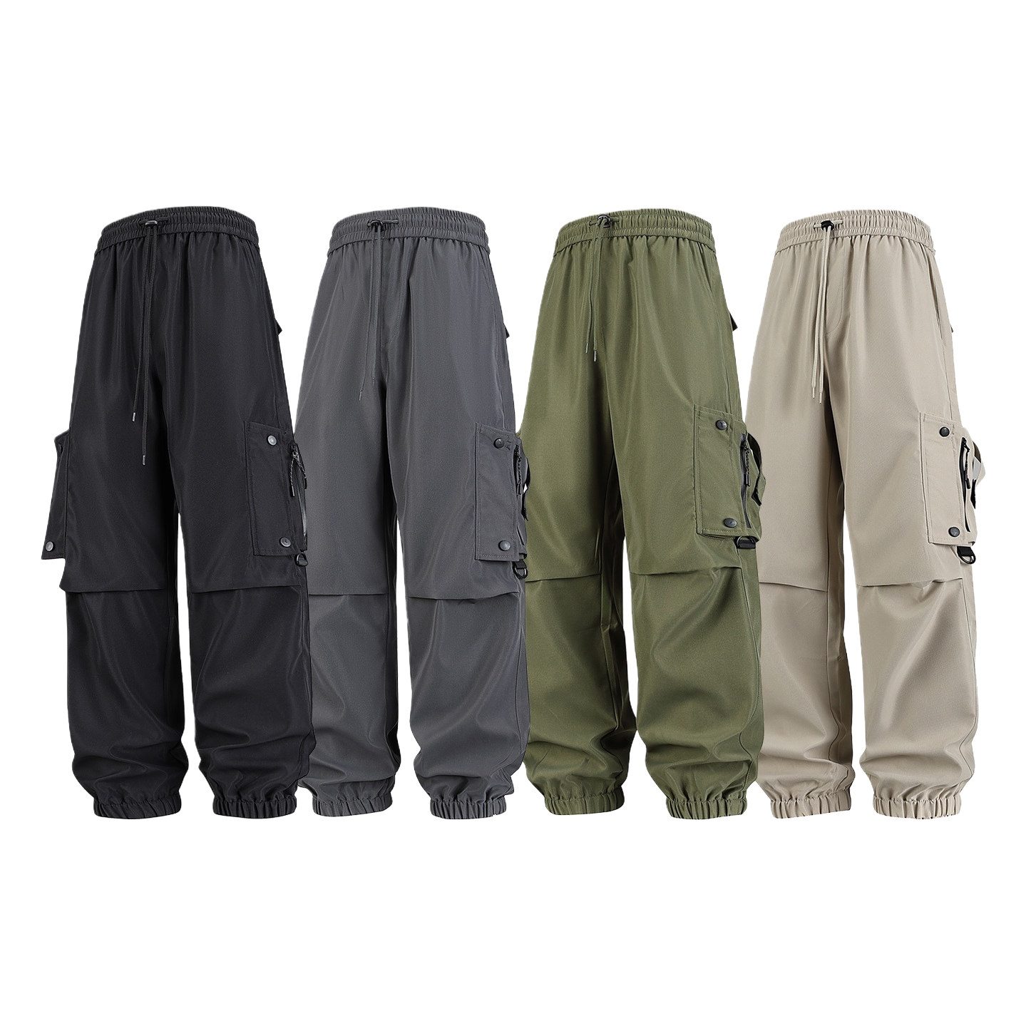 Four styles of military-style cargo pants: black, dark grey, dark military green, khaki, elastic waist, drawstring, multi-pocket, and corset Item Picture