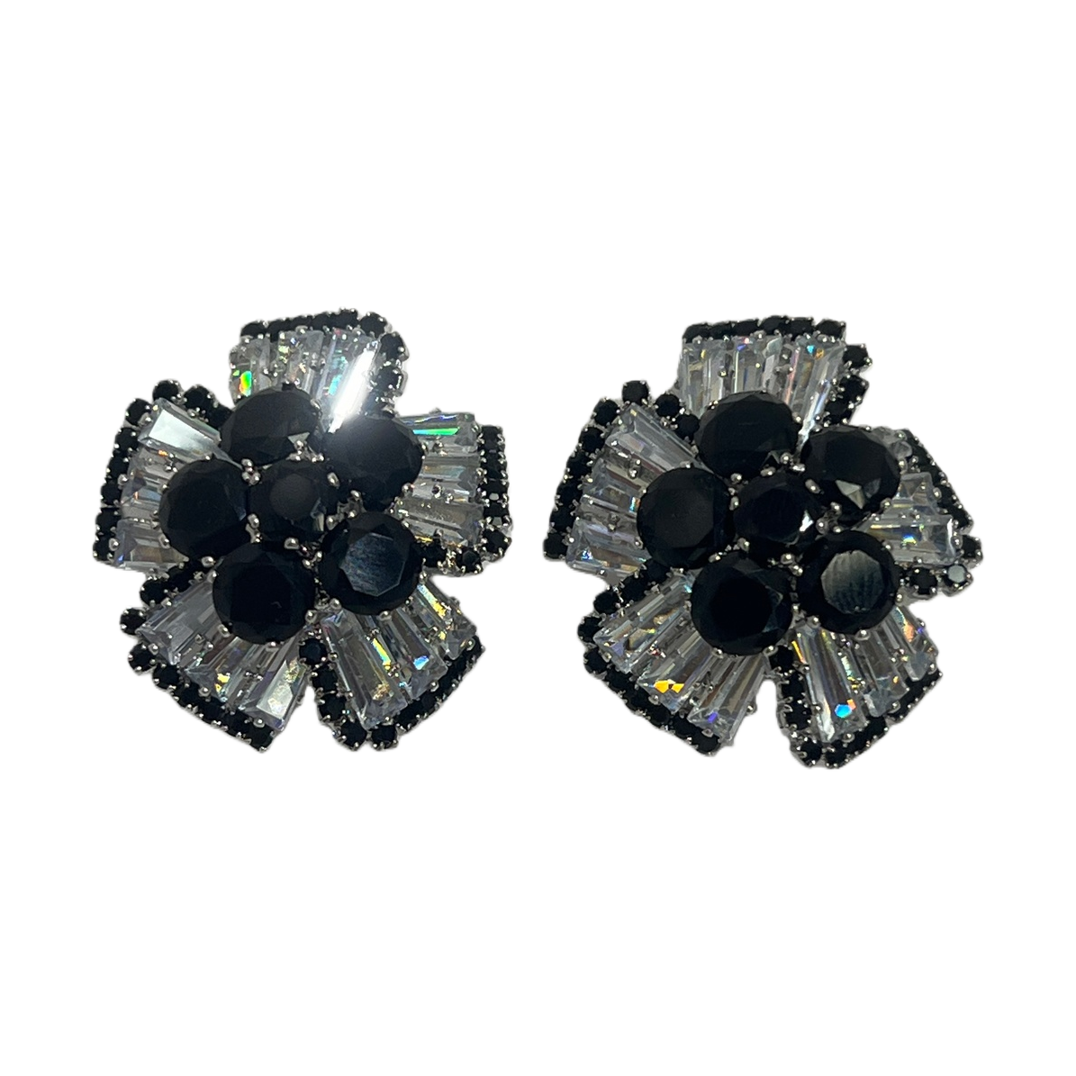 Black crystal flower earrings, fashionable and light luxury women's earrings, earrings, earrings, stud earrings, silver needle vintage accessories Item Picture