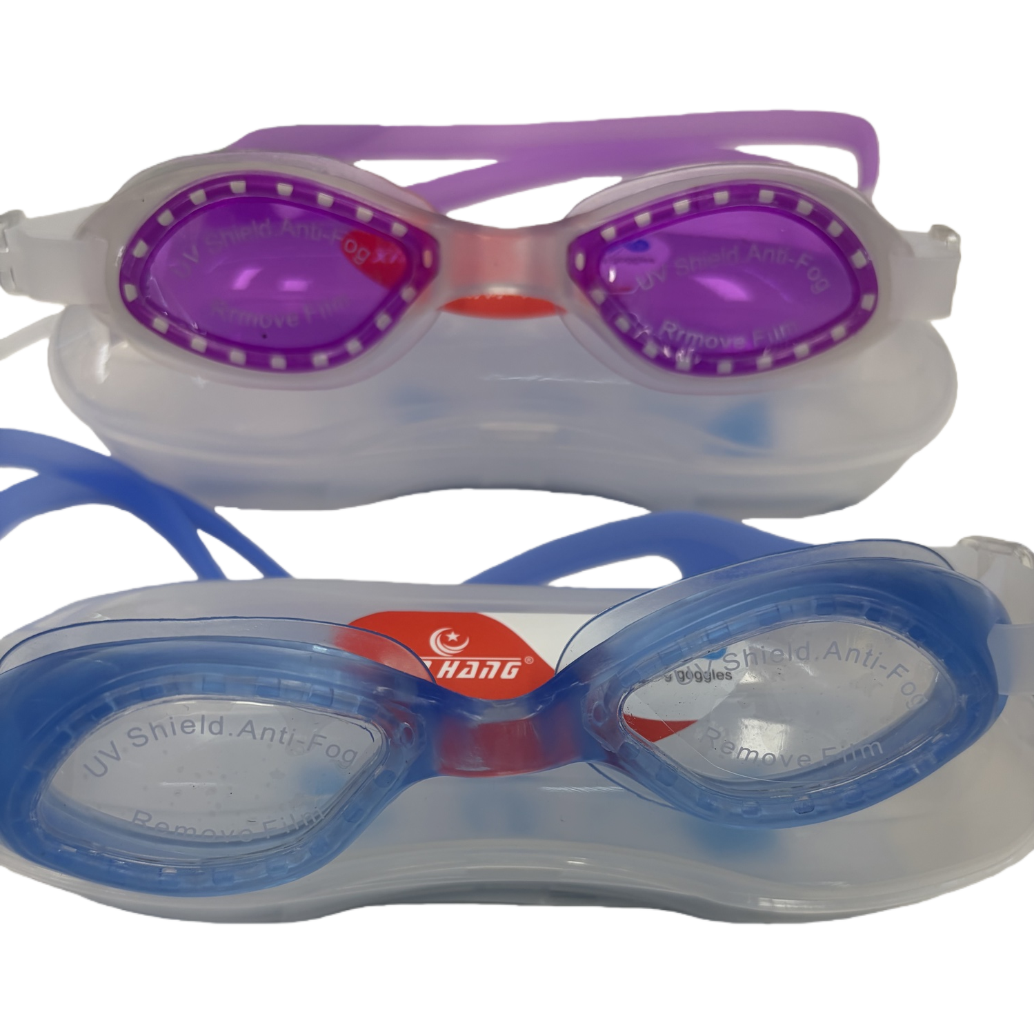 The purple and blue swimming goggles are unisex anti-fog silicone swimming goggles that fit comfortably Item Picture
