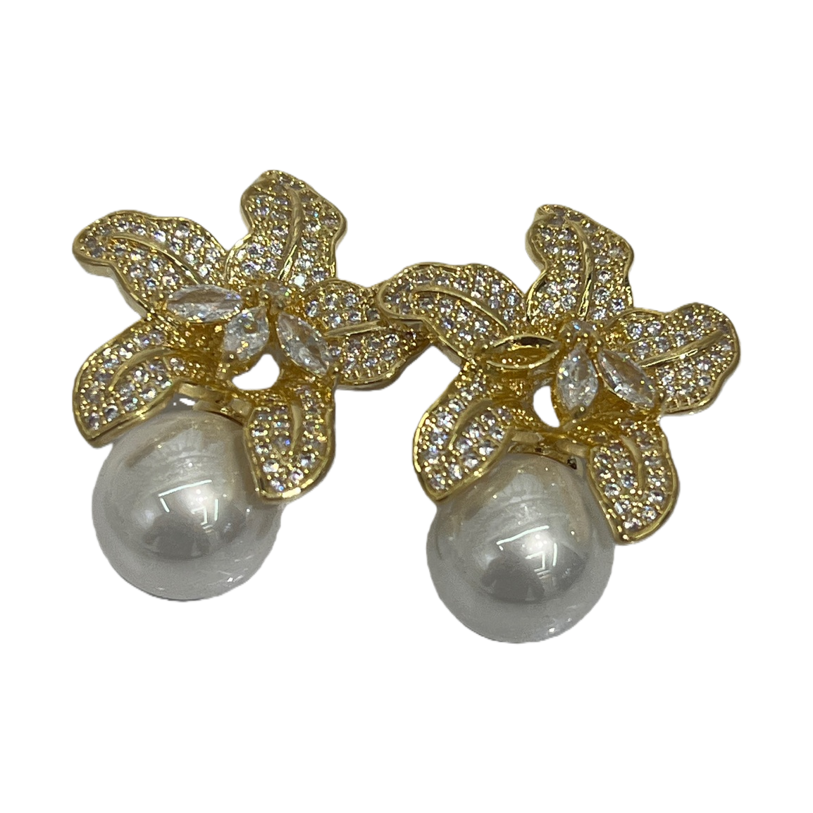Golden diamond-encrusted flower earrings with pearl pendants, earrings, earrings, stud earrings, silver needle vintage accessories Item Picture