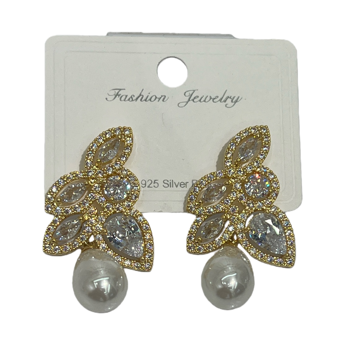 Golden diamond-encrusted leaf-shaped earrings with pearl pendants, earrings, earrings, stud earrings, silver needle vintage accessories Item Picture