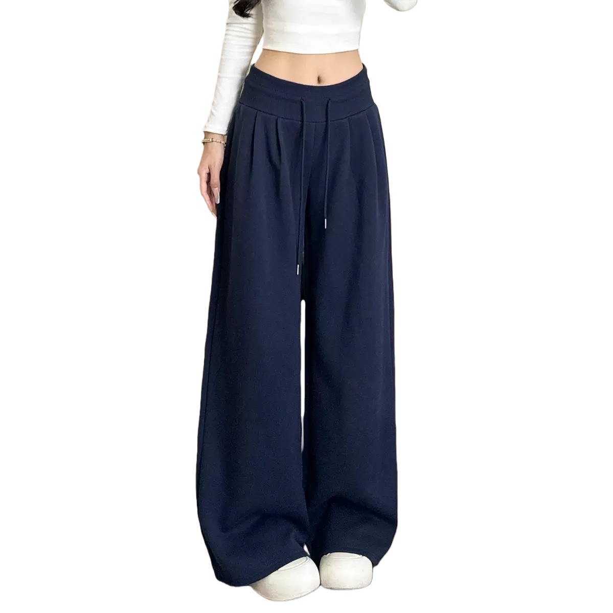 Women's navy blue fleece wide-leg pants with a slimming and drooping look captured by a model in autumn and winter Item Picture