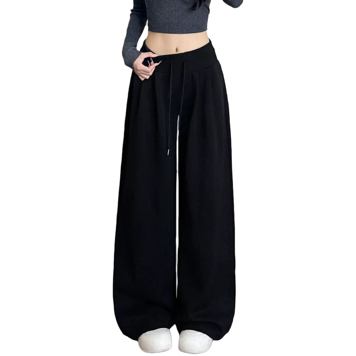 The model wore black fleece wide-leg pants in real photos to show off the warm and slimming casual trousers for autumn and winter Item Picture