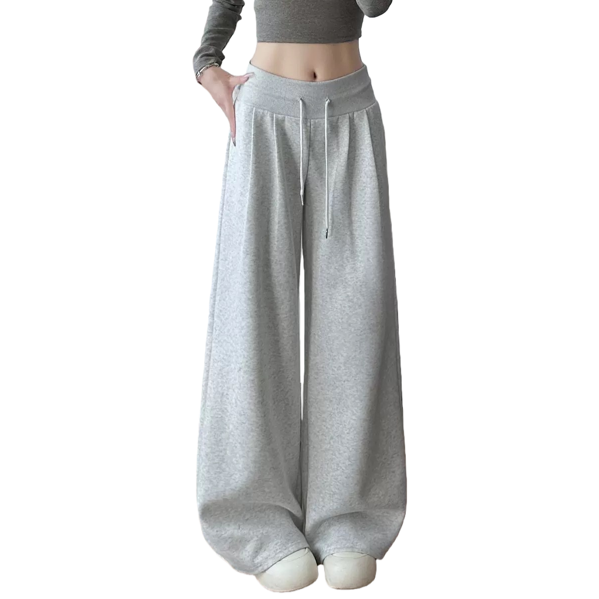White fleece warm wide-leg pants, grey looped fabric, high-waisted drawstring back pocket, real photo of the model Item Picture