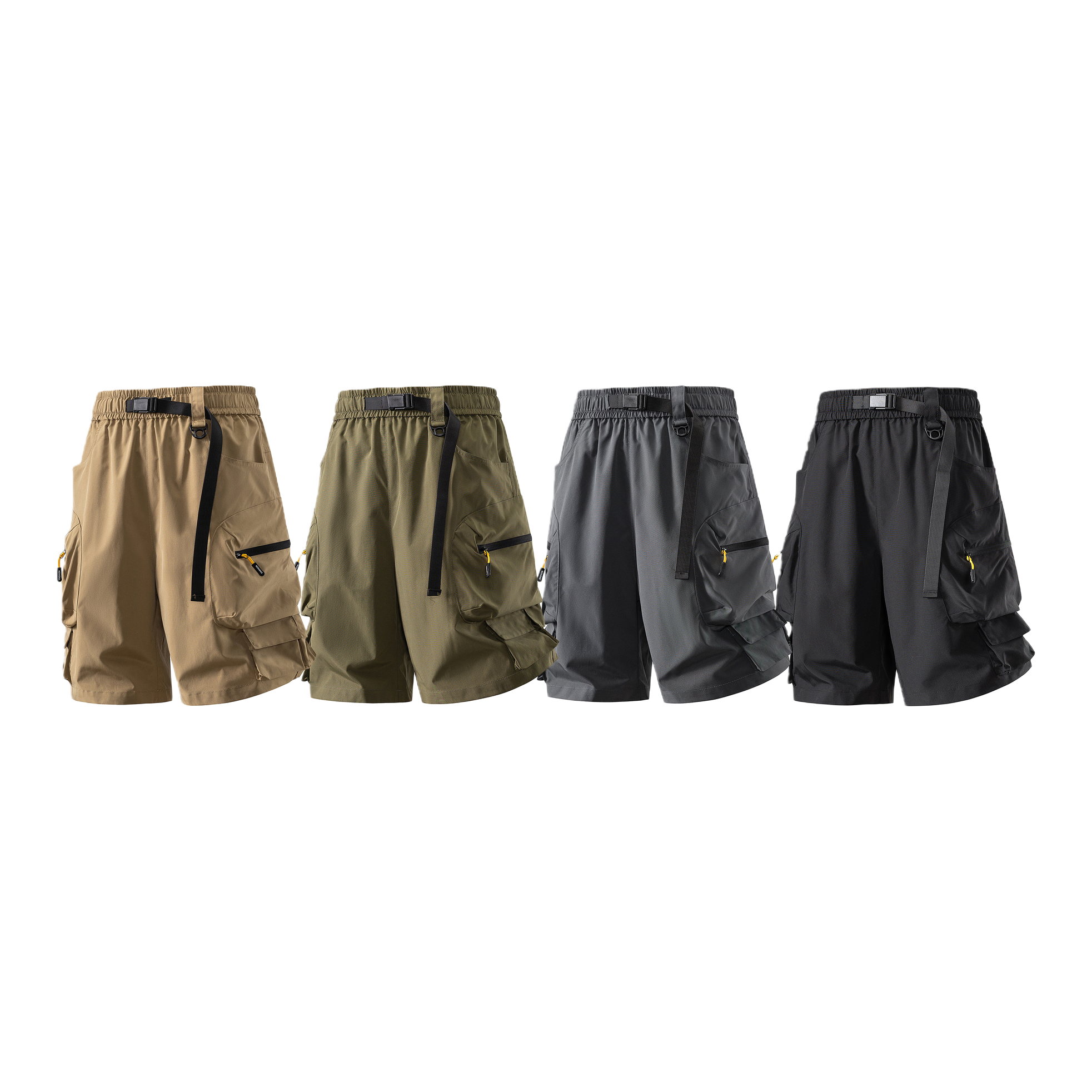 Four types of work shorts: earthy yellow, military green, dark gray, black, multi-pocket adjustable belt Item Picture