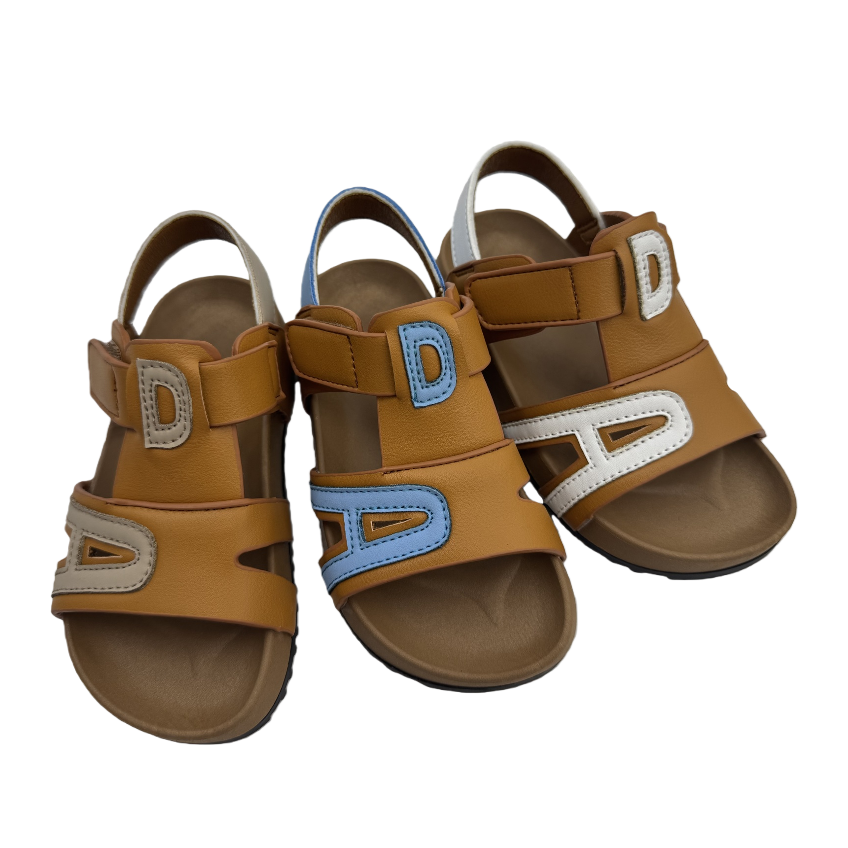 Three pairs of brown children's sandals, beige, light blue and white with the letter "D" decoration Item Picture