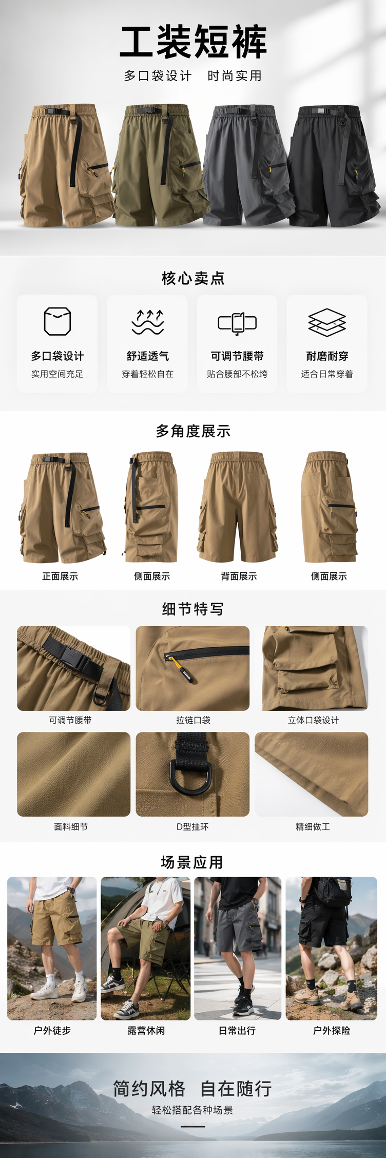 四款工装短裤 土黄军绿深灰黑色 多口袋可调节腰带 pic 1