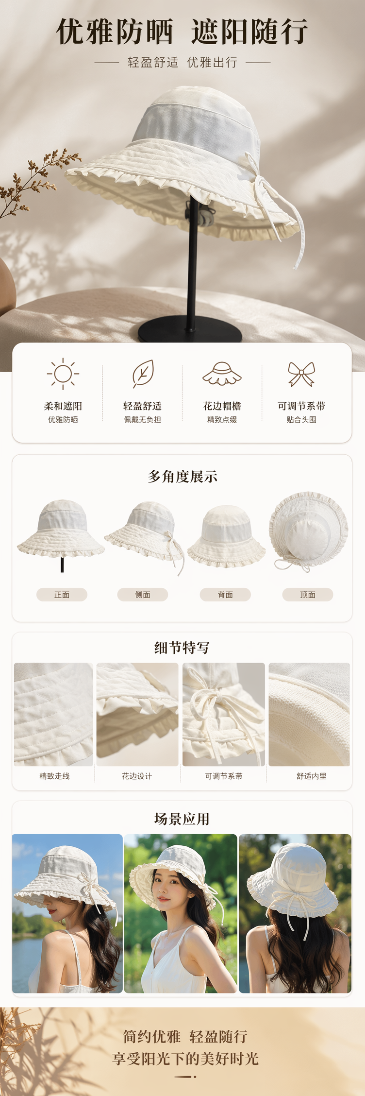 白色褶皱宽檐帽 女夏防晒遮阳草编礼帽详情1