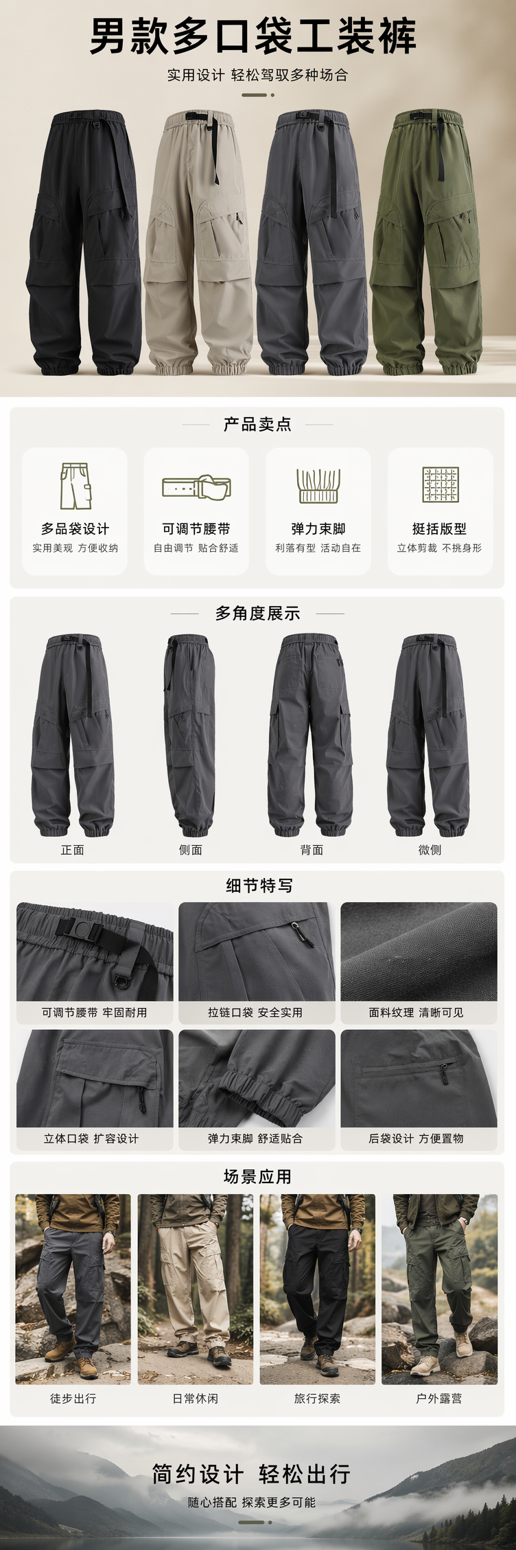四款军装风工装裤 黑色卡其深灰深绿 多口袋抽绳腰头 pic 1
