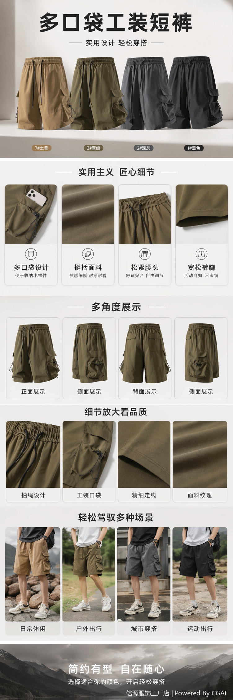四款工装短裤 土黄军绿深灰黑 抽绳腰头侧袋 夏季透气休闲详情1