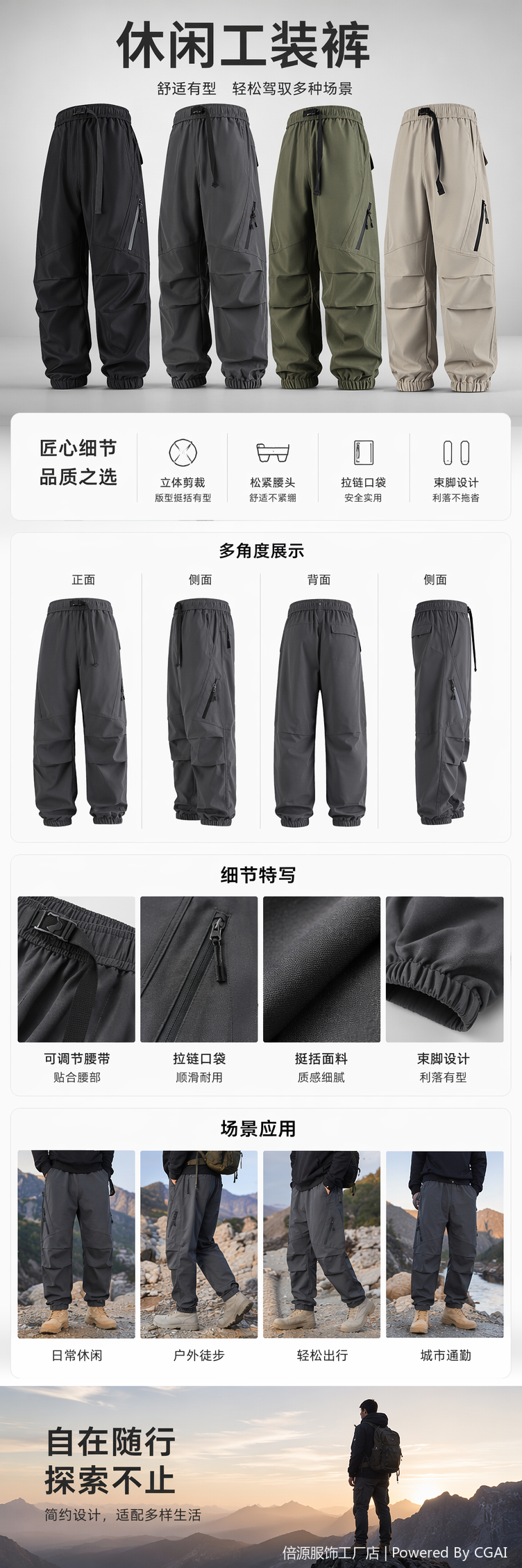 四款军旅风工装裤 黑色深灰深军绿卡其色 松紧腰抽绳多口袋束脚详情1