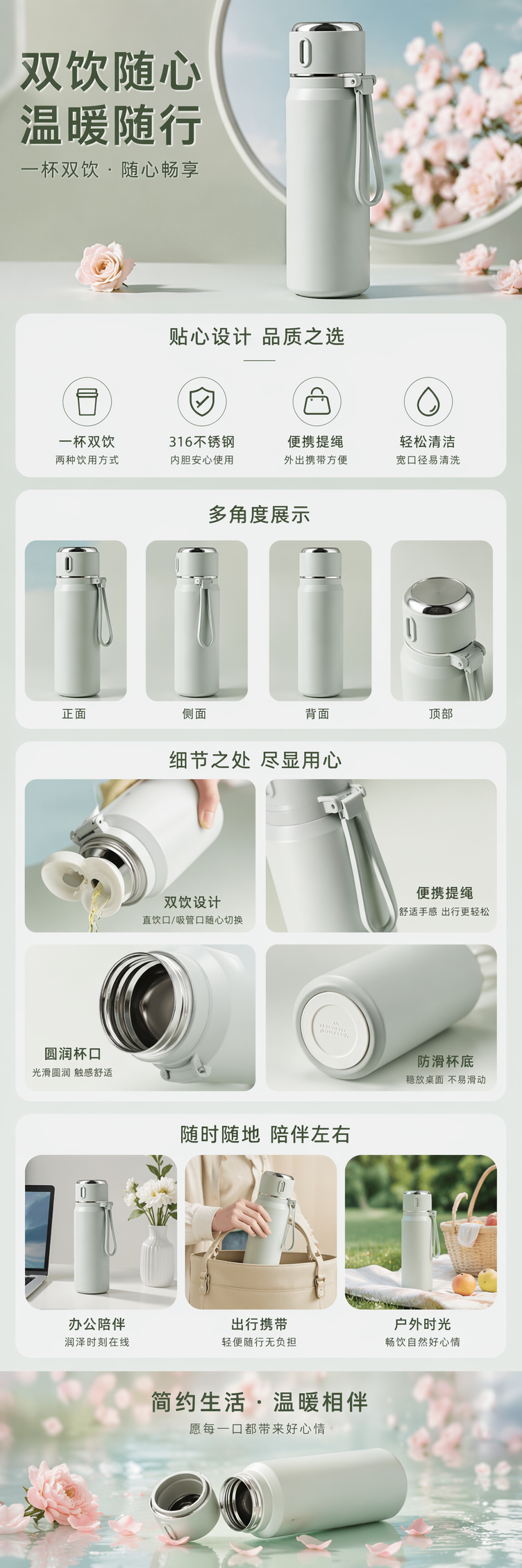浅绿色保温杯配白色茶漏杯 304不锈钢真空隔热便携茶具 pic 1
