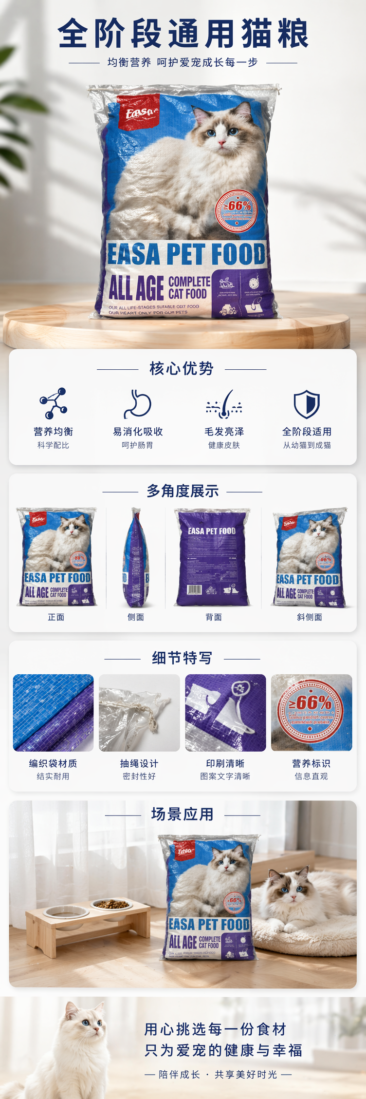 蓝色包装袋装猫粮 全价营养成猫幼猫通用干粮 pic 1