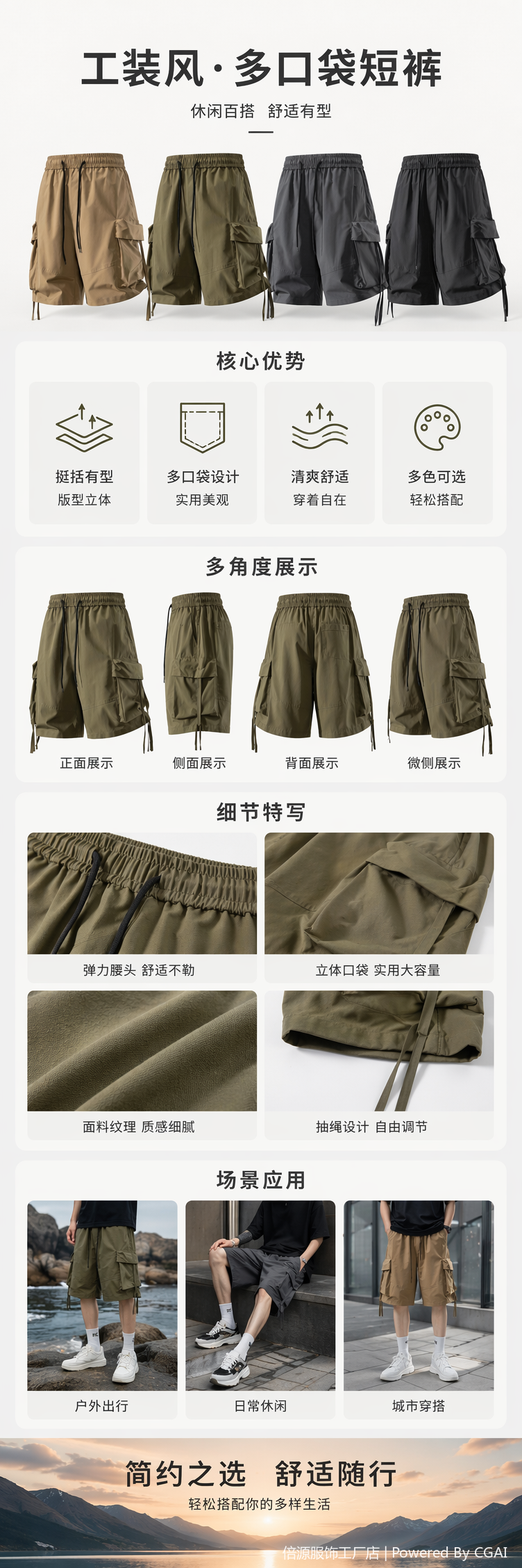 四色工装短裤 土黄军绿深灰黑色 抽绳腰头侧袋设计详情1