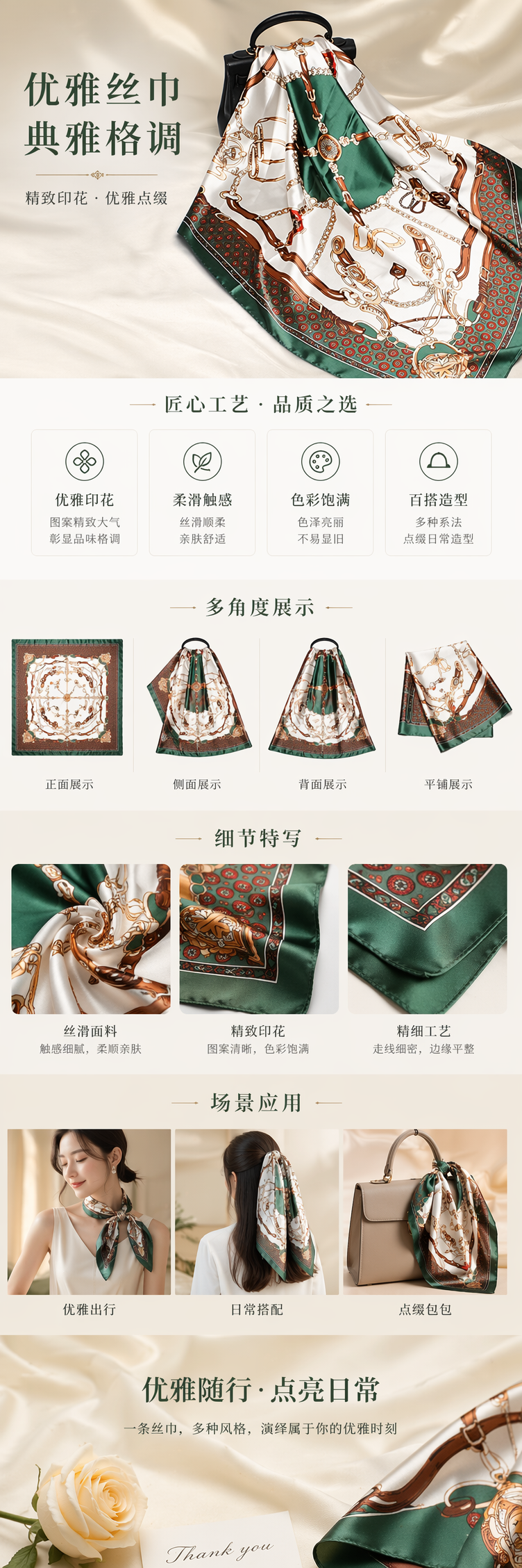 绿色边框马具图案丝巾 搭配黑色手提包详情1