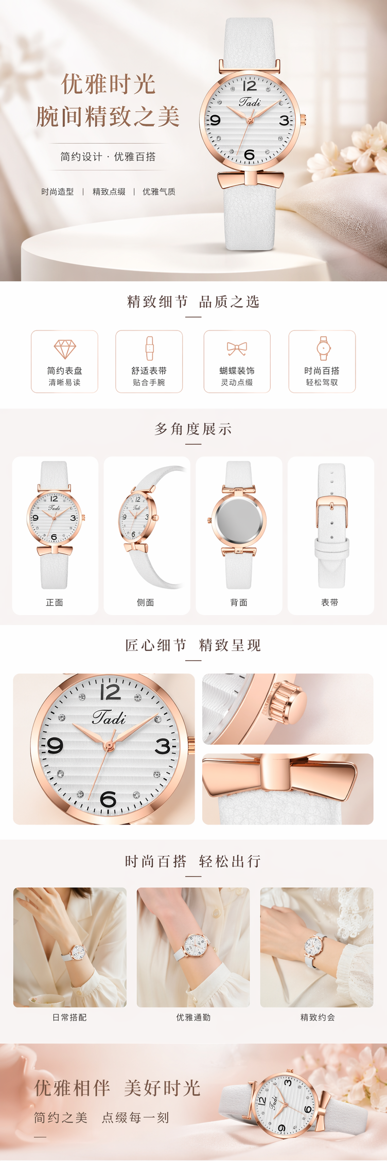 玫瑰金表壳白色表带石英女士手表 pic 1