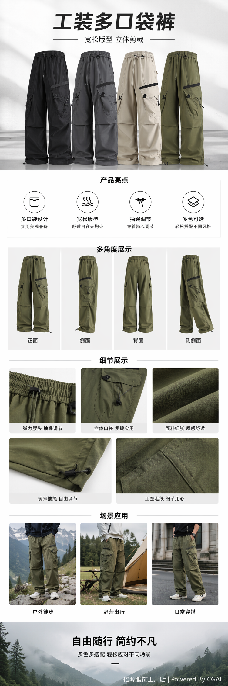 四款军装风工装裤黑色深灰卡其深军绿宽腿多口袋抽绳腰头详情1