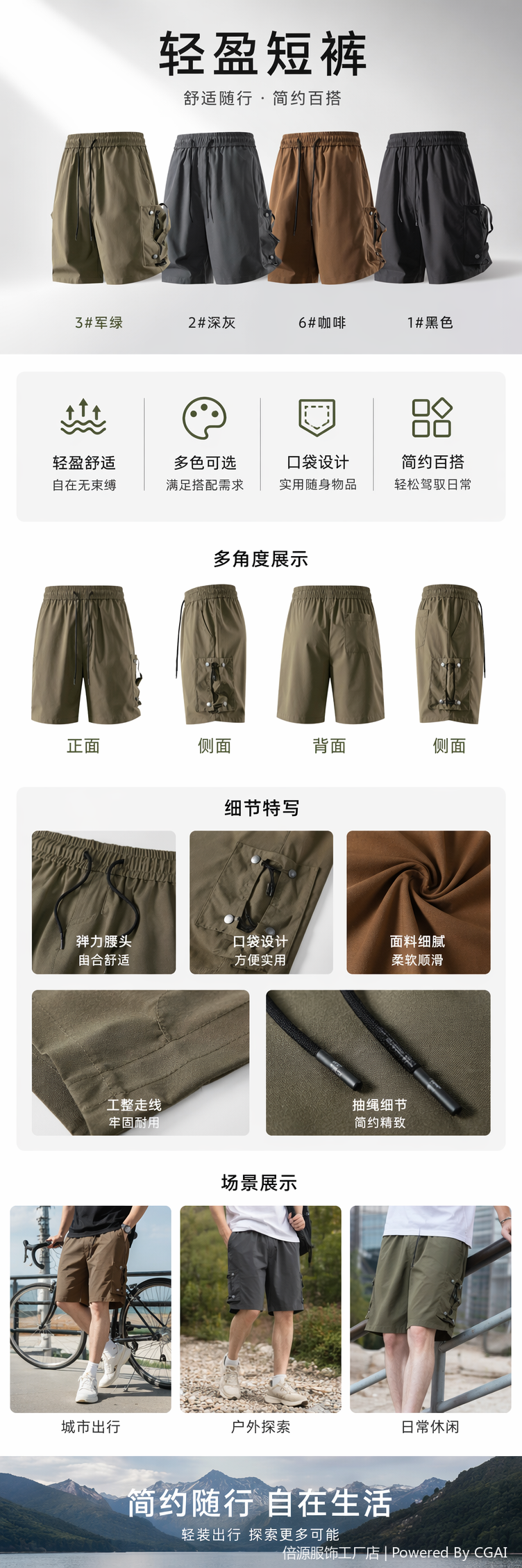 工装风军绿色深灰色咖啡色黑色短裤侧边口袋抽绳腰头详情1