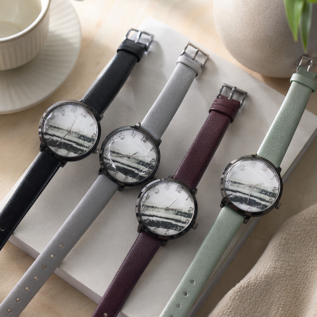 Four colorful strap and stone-patterned dial watches are fashionable and versatile, suitable for both men and women details Picture