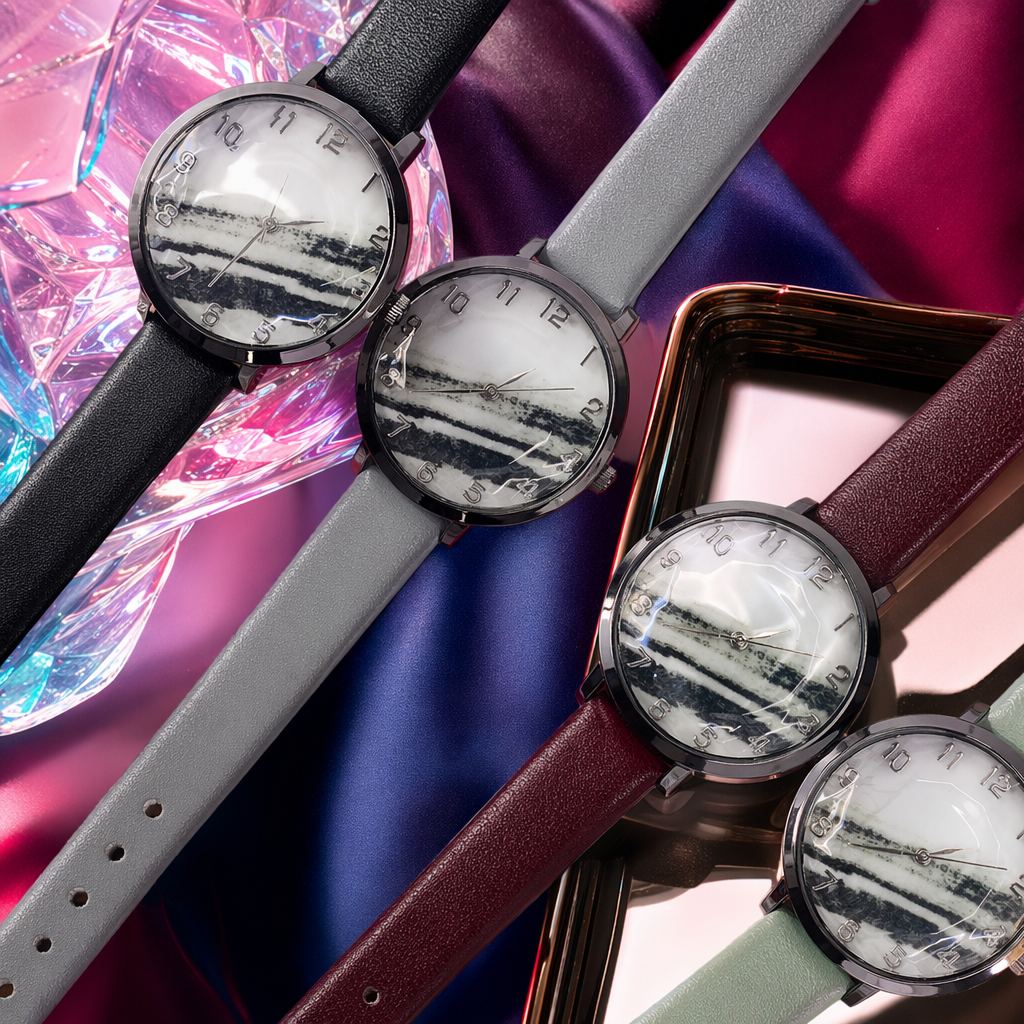 Four colorful strap and stone-patterned dial watches are fashionable and versatile, suitable for both men and women Specification image