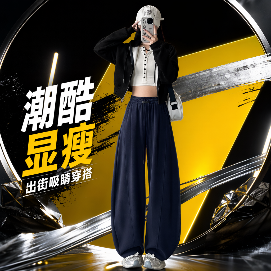 A woman in navy blue wide-leg pants paired with a black hooded jacket and a white short top, the same style as the model Specification image