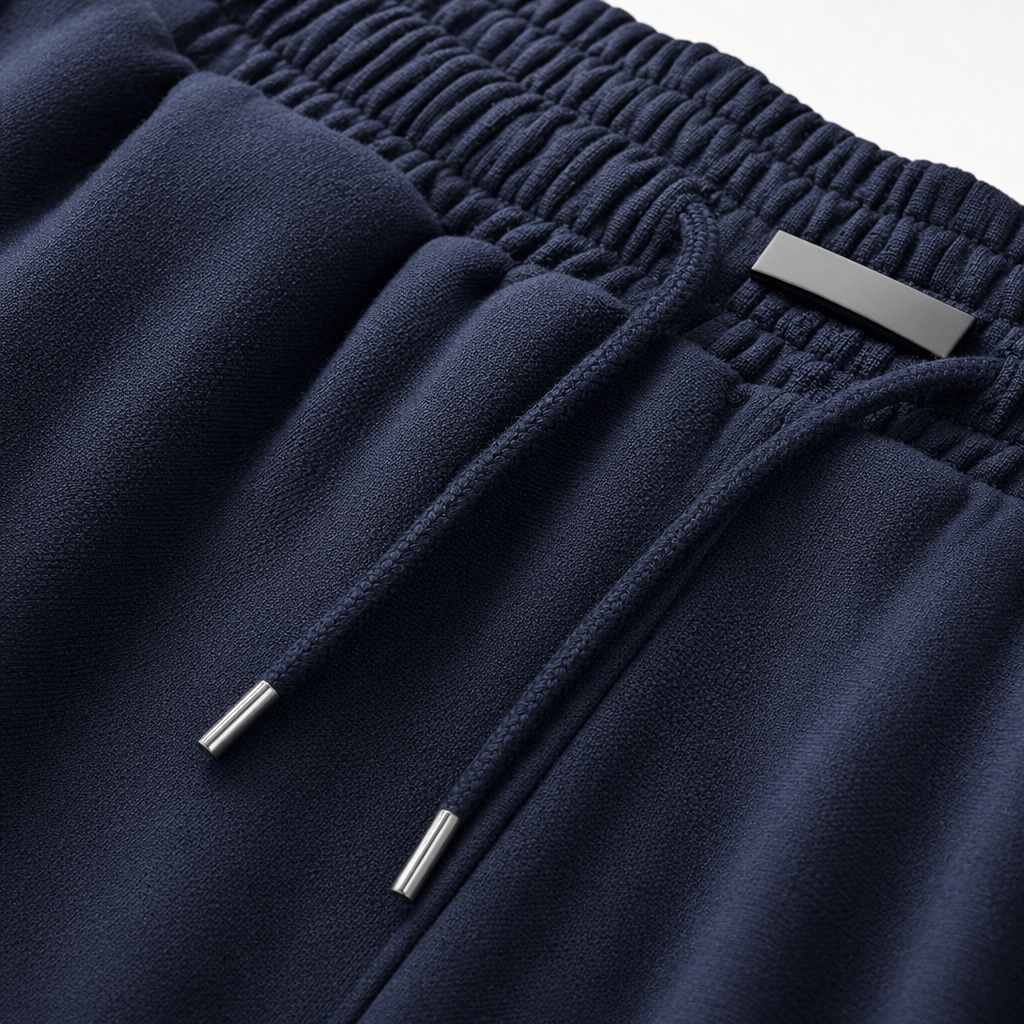 A woman in navy blue wide-leg pants paired with a black hooded jacket and a white short top, the same style as the model Application Scenario