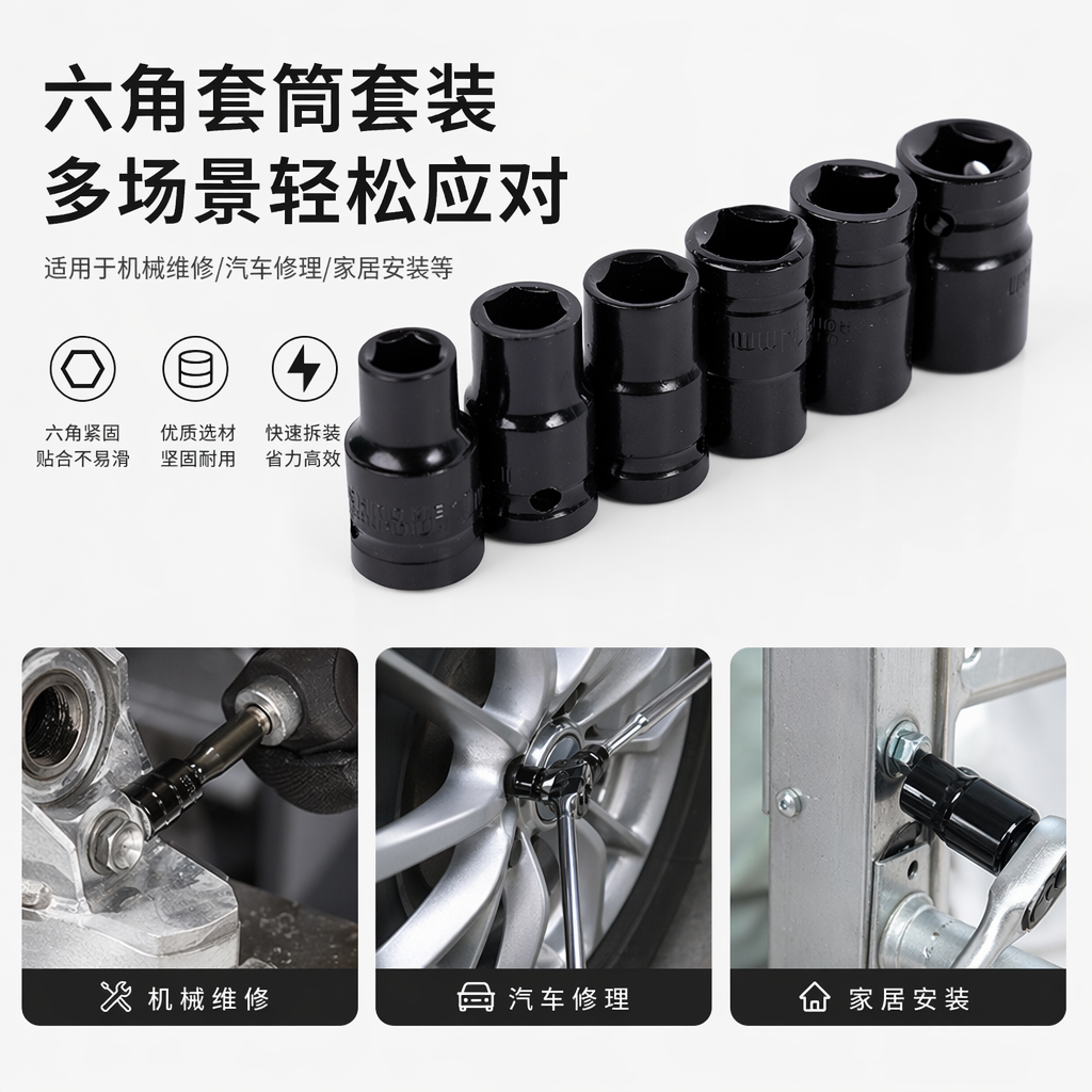 黑色六角套筒组 专业级工具套装 含多种规格 扭矩稳定耐用