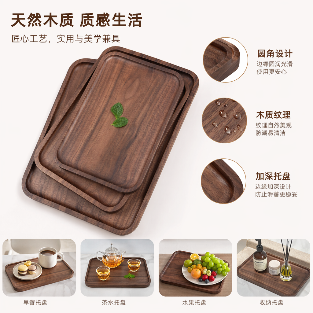深棕色木质托盘叠放式收纳盘客厅茶几餐桌用