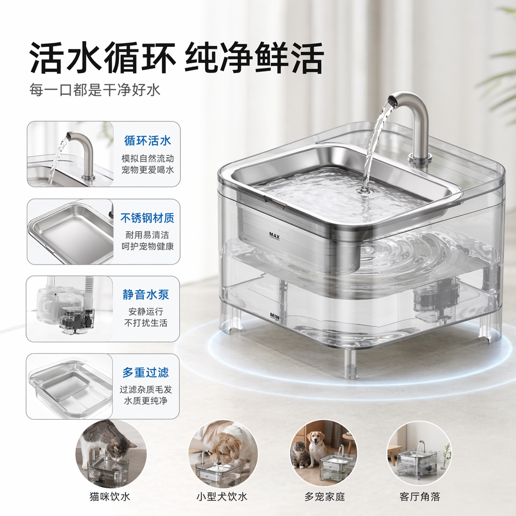 Transparent pet water dispenser, silent circulation, automatic water dispenser for cats and dogs