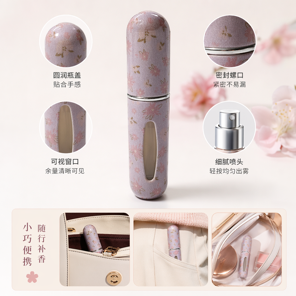 Pink floral portable perfume bottle, glass spray bottle, travel-sized portable fragrance small bottle